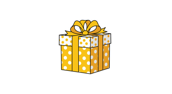 An illustration of a yellow gift box with white polka dots tied with a golden ribbon.