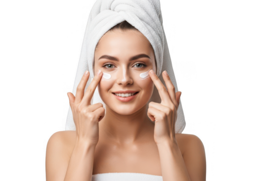 Smiling young woman in a white towel applying facial moisturizer to her skin, engaging in a healthy daily beauty routine.