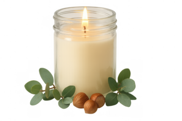 Lit scented candle in clear glass jar with eucalyptus and hazelnuts, symbolizing relaxation and aromatherapy