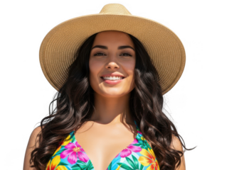 Smiling young woman in a straw hat and vibrant floral bikini top, ready for a sunny summer vacation on transparent background.
