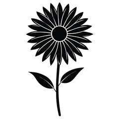 Black silhouette of a daisy flower with stem and leaves isolated on white background