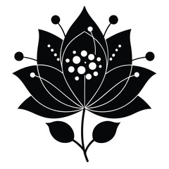 Black silhouette of an ornate lotus flower with stem and leaves isolated on white background