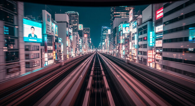 Public Transport Commuters Night City Train Tracks Urban Transit - Powered by Adobe