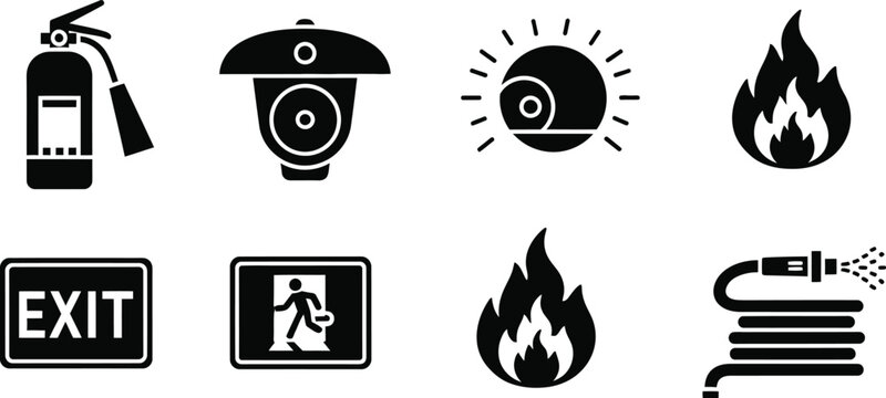 Fire safety and prevention glyph icon set. Vector pictograms of fire extinguisher, smoke alarm, emergency exit sign, water hose, black sign silhouette illustration.