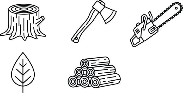 Forestry and logging line icon set. Vector pictograms of tree stump, lumberjack axe, chainsaw, log pile, leaf, thin linear illustration.