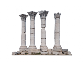 Ancient column ruin stone architecture pillar historical old archeology heritage Four ancient stone columns with ornate capitals stand weathered stone base showcasing historical architecture
