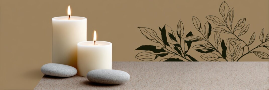 spa advertisement, elegant massage ad template with minimalist line art of candles, leaves, and massage stones on a soft beige background balanced negative space for text modern and calming design