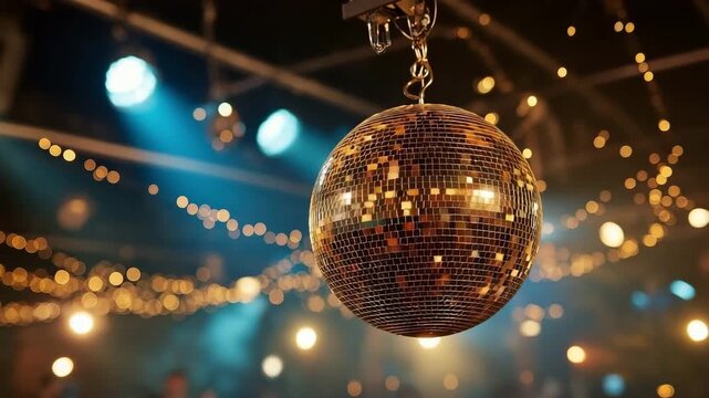A glittering disco night including a golden mirror ball, brilliant stage lights, a lively party atmosphere, an exuberant celebration, and a nightlife event