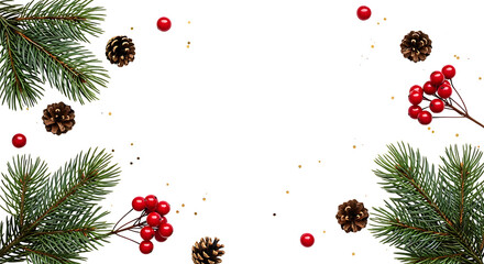 Christmas Border With Pine Branches Berries And Pinecones