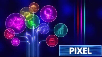 Futuristic digital network connections and business strategy icons glowing with neon light on dark background with abstract light streaks and pixel text overlay - Powered by Adobe