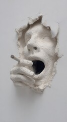 Sculpture of a face breaking through a wall while smoking a cigarette in a modern art setting