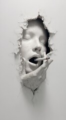 Sculpture of a face emerging from a wall with a cigarette in hand, showcasing a dramatic expression
