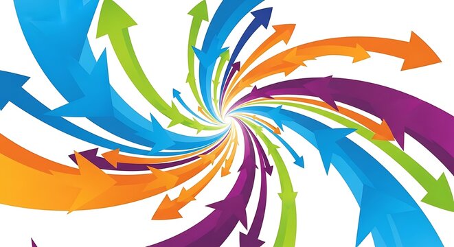 Colorful swirling arrows pointing outward from a central point on a white background design art