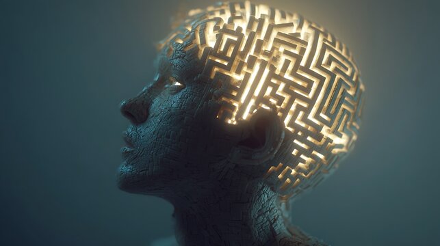 surreal portrait of person with glowing maze spiral emerging from head, overthinking and burnout concept, high detail, pastel background, cinematic lighting, v7 