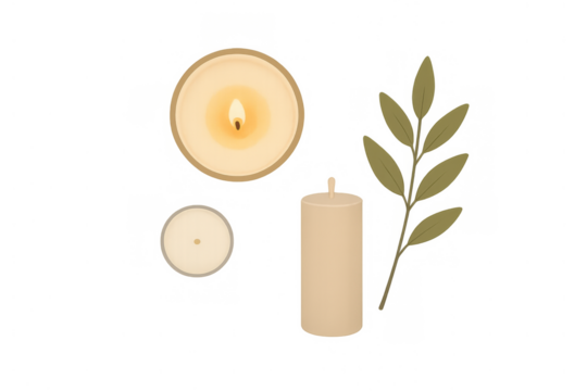 Aromatherapy flat lay with lit wax candle, unlit candle, and green herbal leaf, promoting calm and tranquility - Powered by Adobe