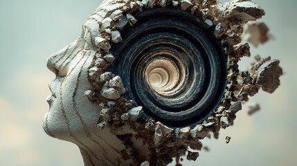 human head cross-section with infinite spiral tunnel inside, concept of looping thoughts and inner chaos, fine art composition, muted colors, cinematic depth, v7 