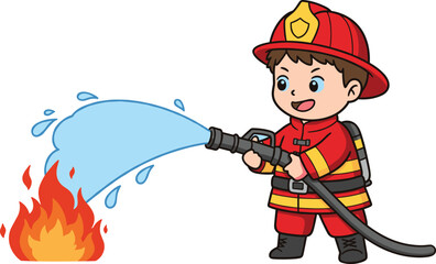 Young firefighter spraying water to extinguish fire, fire safety concept, emergency rescue service, hero profession, courage and protection, flat vector illustration