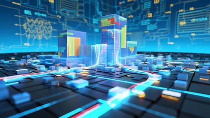 Abstract conceptual information technologies background illustration with stylized city,high quality photo.