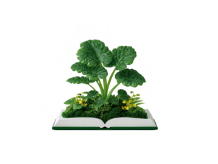 Open book with lush green plant and yellow flowers growing from its pages, symbolizing knowledge, education, and environmental growth, with creative and imaginative concept