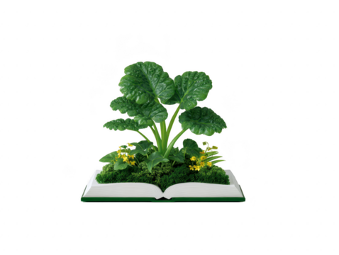Open book with lush green plant and yellow flowers growing from its pages, symbolizing knowledge, education, and environmental growth, with creative and imaginative concept