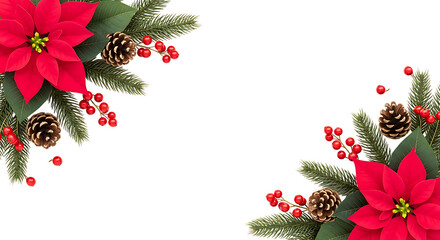 Christmas Poinsettias Pinecones and Holly Berries Border