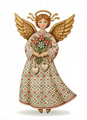 Fototapeta premium Vintage Folk Art Angel with Floral Gown, Golden Wings, and Halo Holding Heart Charms