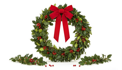Traditional Christmas Wreath with Red Bow and Holly Berries for Festive Holiday Decor. Christmas traditional wreath