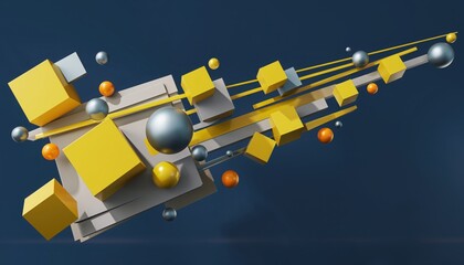 Abstract Geometric Composition: Yellow Cubes, Spheres, and Lines Floating in Space