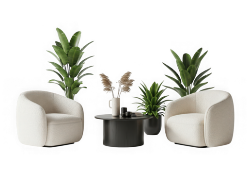 A modern living room setup two fluffy white armchairs, a black coffee table plants dried flowers, isolated on transparent background - Powered by Adobe
