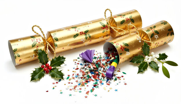 Festive Christmas Crackers with Holly and Colorful Confetti Celebration