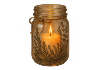 Burning candle placed within a glass mason jar adorned with botanical illustrations and a twine bow, offering a rustic ambiance