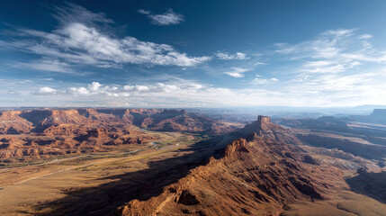 Fototapeta premium Expansive desert landscape under a bright blue sky. The sandstone formations create a powerful image of natures raw beauty. Perfect for travel or adventure themes.