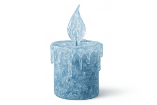 Ice candle burning with a transparent frozen flame, concept of winter, cold light, and magic on a transparent background