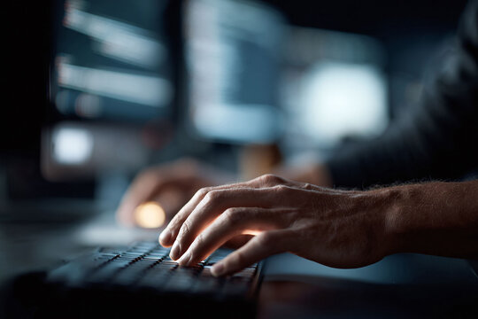 Closeup of hands typing on a keyboard with screens in the background, suggesting coding, hacking, or software development. Ideal for tech, security, and innovation.