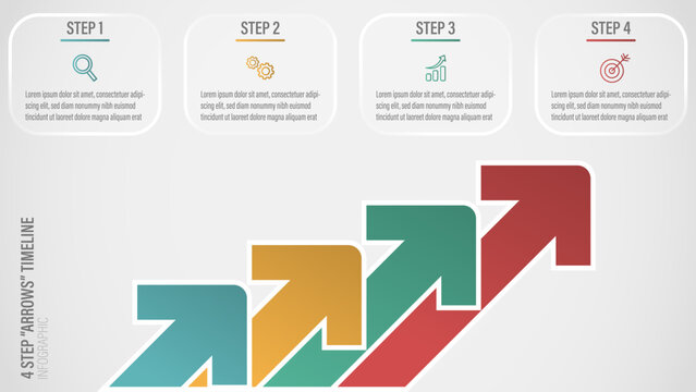 Professional 4-step upward arrow timeline infographic template for business, progress, process, growth, and presentation slides. Editable vector graphic.
