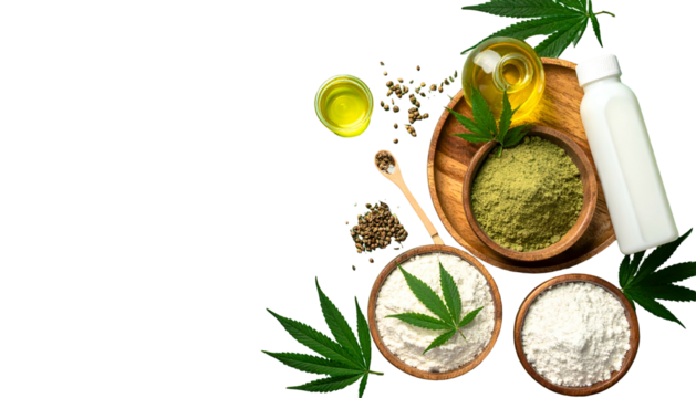 Array of cannabis-based products, including oils, powders, seeds, and leaves