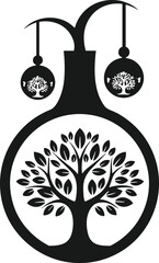 Tree of life symbol inside a chemical flask or laboratory beaker, representing natural science, organic chemistry, or ecological research, flat vector illustration