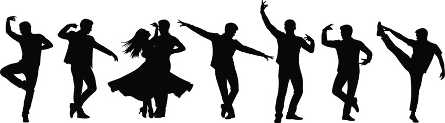 Collection of professional dancers silhouettes in various dynamic poses, illustrating movement, choreography, performance art, and dance studio concepts, flat vector illustration