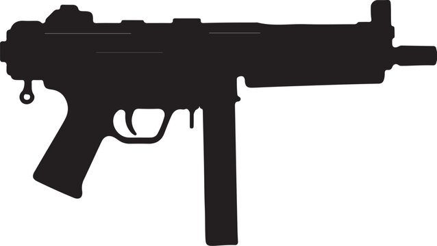Black Silhouette of a Submachine Gun with Extended Magazine on a White Background firearm weapon on transparent background