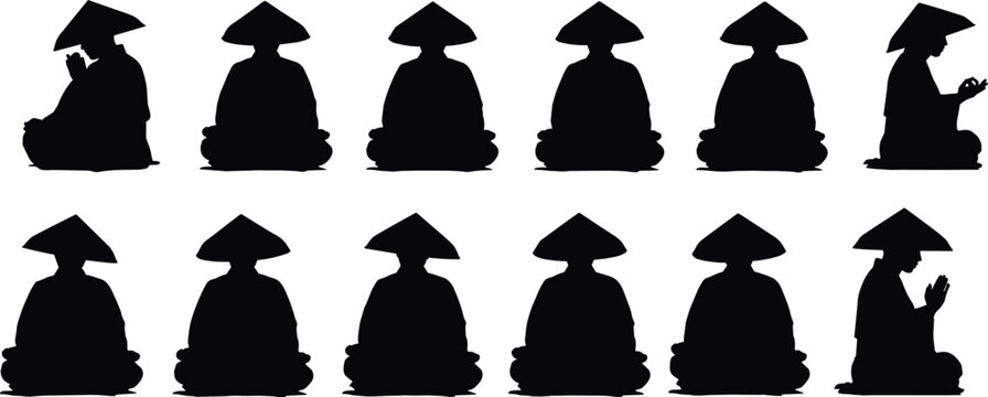 Row of monks or practitioners silhouettes wearing conical hats and sitting in meditative poses, illustrating Zen, Buddhism, peace, and spiritual concepts, flat vector illustration