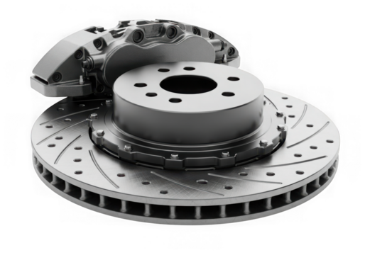 Automotive brake disc and caliper isolated on transparent background
