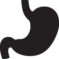 Black silhouette of a human stomach on a white background Keywords: stomach, human stomach, anatomy, organ, digestive system, gastrointestinal, medical, healthcare, science, on transparent background