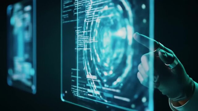 Futuristic holographic interface displays glowing data streams , Futuristic holographic digital interface with glowing blue data display, Abstract global technology and innovation background. - Powered by Adobe