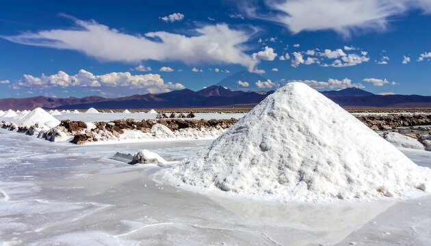 Scenic view of a salt flat with piles of harvested salt under a bright blue sky