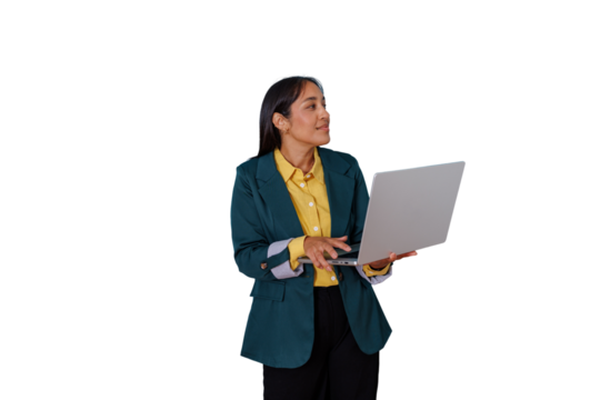 Asian businesswoman presenting with laptop, explaining ideas on transparent background, working remotely
