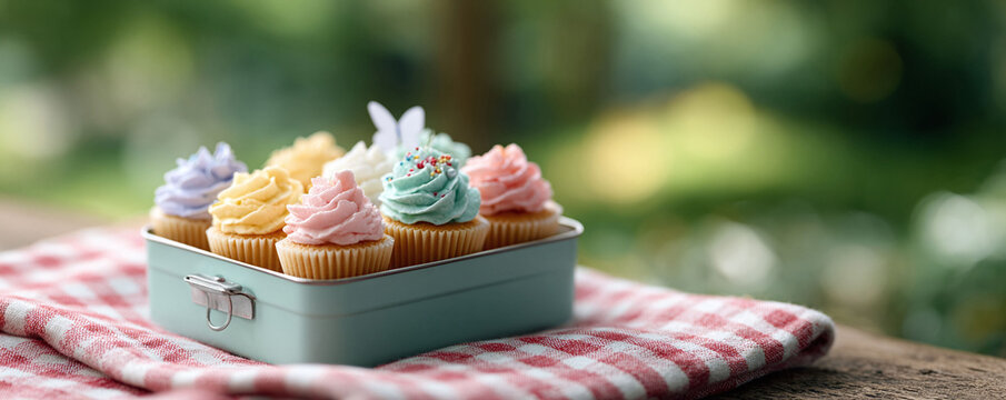 Pastel cupcakes in a container evoke sweetness and joy. The vintage picnic style and blurred background create a feeling of warmth. Use for baking, parties, and treats.