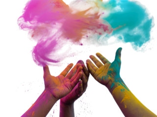 Colorful holi powder in hands isolated on transparent background for festival