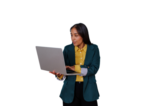 Professional businesswoman standing, working on laptop, focused on tasks, representing productivity and modern communication, transparent background - Powered by Adobe