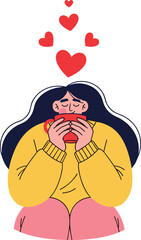 Person drinking cup, yellow sweater, pink pants, red hearts, emotional warmth, love comfort, lifestyle vector, cartoon illustration, cad drawing flat vector illustration