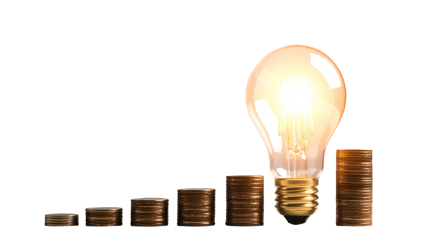 A glowing lightbulb atop stacks of coins forming a rising staircase, black background